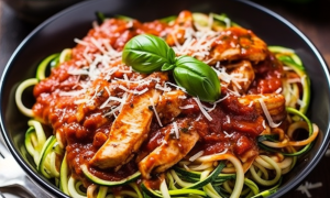 Espaguete de Abobrinha com Molho de Tomate e Frango