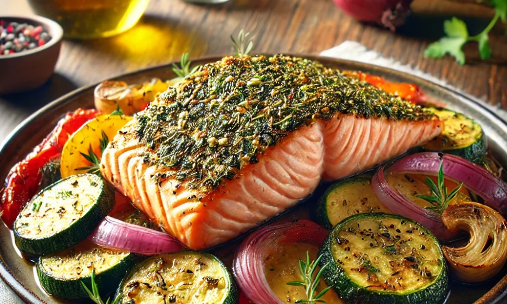 Receita Fit: Salmão Assado com Crosta de Ervas e Legumes